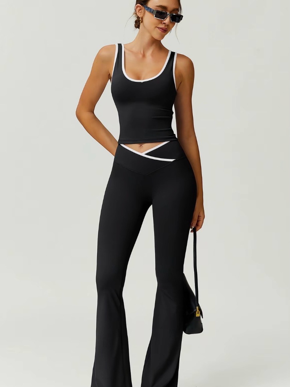 Women’s Black High-Waist Flare Pants with Contrast Trim